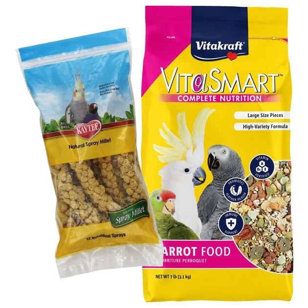 Kaytee||Vitakraft Kaytee Natural Spray Millet Bird Treats, 12 count & Vitakraft VitaSmart Complete Nutrition Parrot Food, 7-lb bag
